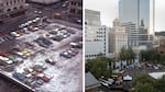A view of Meier & Frank’s parking structure in 1973 and Pioneer Courthouse Square on Aug. 11, 2023 during the PDX Live concert series — both photos facing Southwest Broadway Street.