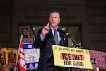 Sen. Alex Padilla, D-Calif., is seen here speaking during the ICE Out for Good Protest at the U.S. Customs and Border Protection Office on January 13, 2026 in Washington, D.C.