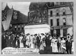 Members of the United Daughters of the Confederacy stand in front of a monument they commissioned of Confederate Gen. John Hunt Morgan and his men in Lexington, Ky., in 1911. The group has put up more than 600 markers and monuments to the Confederacy nationwide.