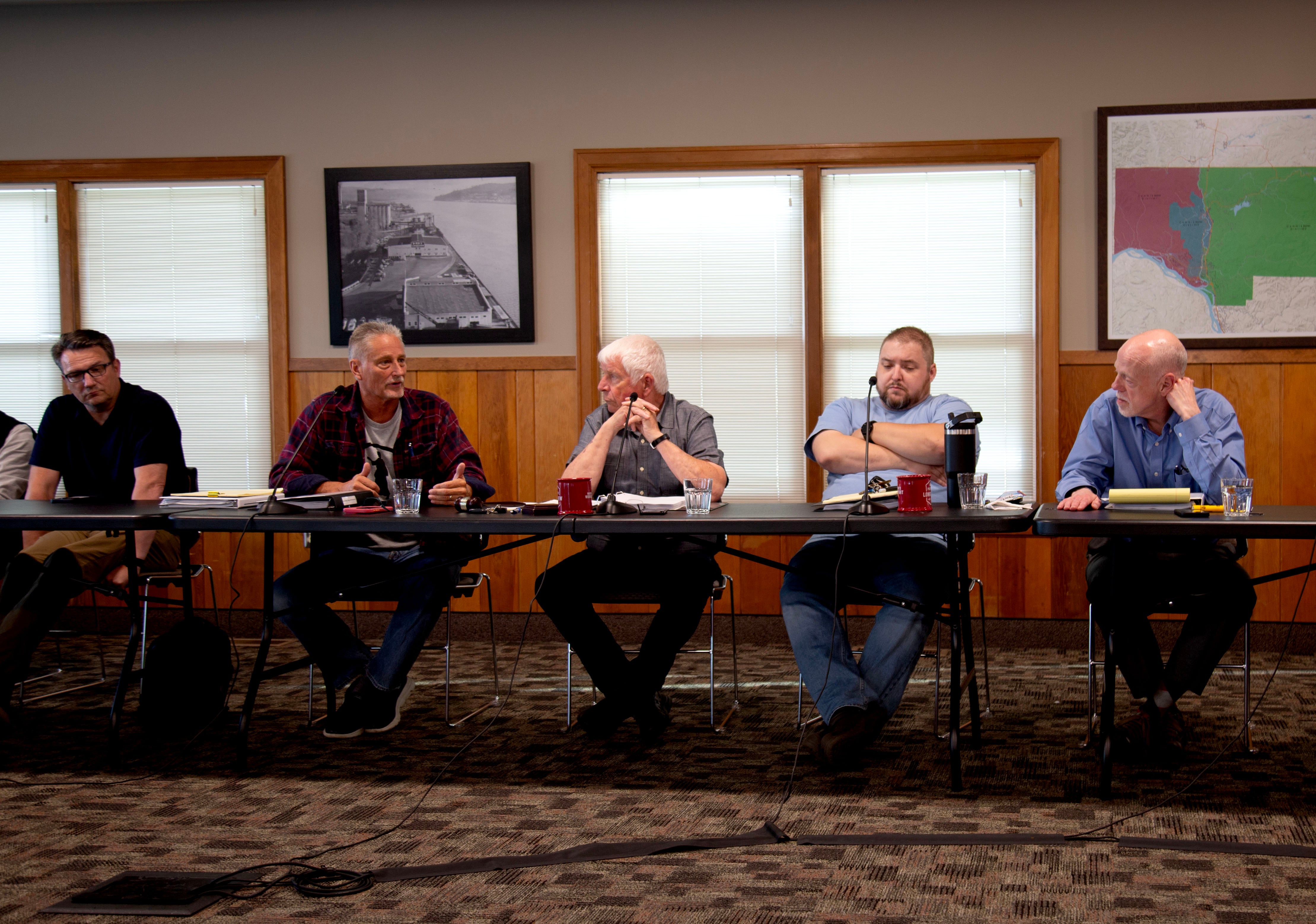 The three Port of Longview commissioners discuss safety during a special meeting on June 11, 2025. L-R, Rostchy Inc. Corporate Advocate Nick Massie, Jeff Wilson, Allan Erickson, Evan Jones, Port of Longview CEO Dan Stahl.
