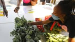 Sabrina Pilet-Jones with the Urban Farming Institute reaches for a carton of broccoli for a customer at a Boston farm stand on Aug. 14, 2020.