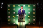 Coach Dan Lanning speaks at his introductory press conference on Dec. 13, 2021 at Autzen Stadium in Eugene, Oregon.