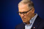 Presidential hopeful and Washington Gov. Jay Inslee, right, speaks at the International Brotherhood of Electrical Workers Local 48 training center in Portland, Ore., Saturday, March 23, 2019. Inslee is visiting cities across the country as part of the Climate Mission Tour in the early stages of his presidential campaign.