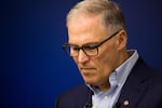 Presidential hopeful and Washington Gov. Jay Inslee, right, speaks at the International Brotherhood of Electrical Workers Local 48 training center in Portland, Ore., Saturday, March 23, 2019. Inslee is visiting cities across the country as part of the Climate Mission Tour in the early stages of his presidential campaign.