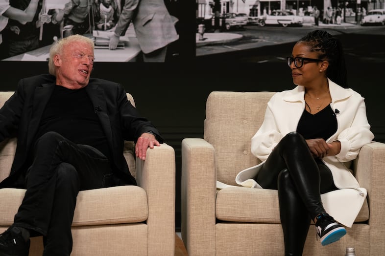 Nike Founder Phil Knight and 1803 Fund founder Rukaiyah Adams at an event Knight is donating $400 million to the  fund on April 24, 2023 at Nike headquarters in Beaverton, Oregon. The 1803 fund is devoted to supporting Portland’s Black residents.