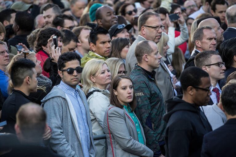 The crowd gathers at Nike's world headquarters in Beaverton in preparation for President Barack Obama's remarks about the Trans-Pacific Partnership on May 8, 2015.