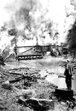 The Tioga Dam was burned down in 1957 as the state barred splash dams to restore access for fish to their spawning grounds.