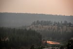 Wildfire is seen in the distance between forested areas and the sky has an orange cast.