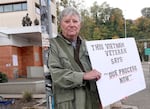 Marvin Simmons, 77, in front of the Immigration and Customs Enforcement Facility in South Portland, Oct. 22, 2025. Simmons, a Vietnam War veteran, has been politically active since his deployment in the late 1960s.