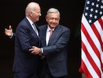 U.S. President Joe Biden greets President of Mexico Andres Manuel Lopez Obrador during a welcome ceremony as part of the '2023 North American Leaders' Summit at Palacio Nacional on January 09, 2023 in Mexico City, Mexico. 