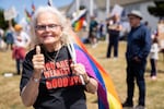 Eighty-one-year-old trans woman Rhonda Jantzen joins a protest in front of Newport City Hall to demand Mayor Dean Sawyer resign on July 8, 2023 in Newport, Oregon. The protest came after revelations Sawyer had been posting hateful content in a private law enforcement Facebook group since 2016. 