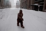 A person dressed as Bigfoot makes their way through Boston's Back Bay neighborhood during a blizzard in January 2015.