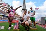 Raven Saunders, Chase Jackson and Jaida Ross celebrate after the women's shot put final during the U.S. Track and Field Olympic Team Trials Saturday, June 29, 2024, in Eugene, Ore.