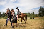 People walk with Koda, John Spence's horse, during the connection to horses session at Wellness Warrior Camp in Grand Ronde, Ore., on Wednesday, June 26, 2019.