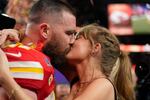 Taylor Swift kisses Kansas City Chiefs tight end Travis Kelce after the NFL Super Bowl 58 football game against the San Francisco 49ers, Sunday, Feb. 11, 2024, in Las Vegas. The Chiefs won 25-22 against the 49ers.