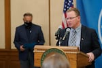 Washington state Superintendent of Public Instruction, Chris Reykdal, speaks at a news conference,, Aug. 18, 2021, at the Capitol in Olympia, Wash. A Washington OSPI report is ordering the La Center School District to make changes quickly to conform to state policy aimed at protecting transgender and gender-expansive students.