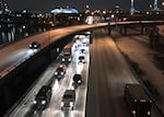 Looking north on Interstate 5 towards the Moda Center after a winter storm cripples Portland's evening commute, Dec. 14, 2016.