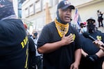 Proud Boy Tusitala "Tiny" Toese gives an interview  in front of the Justice Center during pro-Trump and pro-police demonstrations in downtown Portland on Aug. 22. Toese recently volunteered with the Clark County Republican Party. 