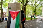 A small group gathers in Portland State University’s South Park Blocks, April 26, 2024, in support of Palestinians in Gaza and in protest of Portland State University’s ties with companies that have contracts with Israel. On Thursday, a group of pro-Palestinian protesters set up tents and barricades that were removed by police after several hours. Police warned in a statement Friday morning that anybody occupying a closed park, engaging in violent activity, or destroying property could be arrested.