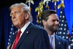 Republican presidential nominee former President Donald Trump, left, with Republican vice presidential nominee Sen. JD Vance, R-Ohio, right, at an election night watch party at the Palm Beach Convention Center, Wednesday, Nov. 6, 2024, in West Palm Beach, Fla.