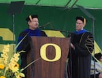 Juan-Carlos Molleda, dean of the University of Oregon’s School of Journalism and Communication, speaking at a commencement event on June 16, 2025.