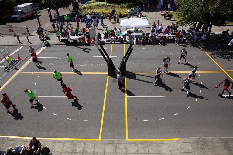 The Rip City 3-on-3 Basketball Tournament features more than 500 players competing on 48 courts in Portland's Rose Quarter.