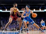 UCLA guard Jaime Jaquez Jr., right, tries to get by Southern California forward Isaiah Mobley during the second half of an NCAA college basketball game on March 5, 2022, in Los Angeles.