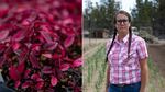 At left, burgundy seedlings burst from dirt in black plastic starter trays. At right, Spring Alaska Schreiner stands framed by rows of garlic with two braids falling on either shoulder, a red and white plaid shirt, and thick black eyeglasses.