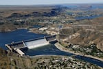 Grand Coulee Dam, with the Lake Roosevelt reservoir behind it, was built between 1933 and 1941.