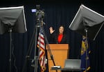 Shemia Fagan gives her acceptance speech to unmanned camera after winning the race for Oregon's secretary of state, on Nov. 3, 2020.
