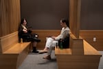 People sit in a common area in the entryway of Legin Commons on Sept. 10, 2026 in Portland, Ore.
