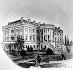 This etching shows the south front side of the White House in 1825, a year after the completion of the curved South Portico.