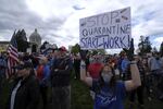 Hundreds of protesters gathered around the Capitol in Olympia, Wash., on April 19, 2020, to demonstrate against Gov. Jay Inslee's stay-home order which is in effect through May 4.