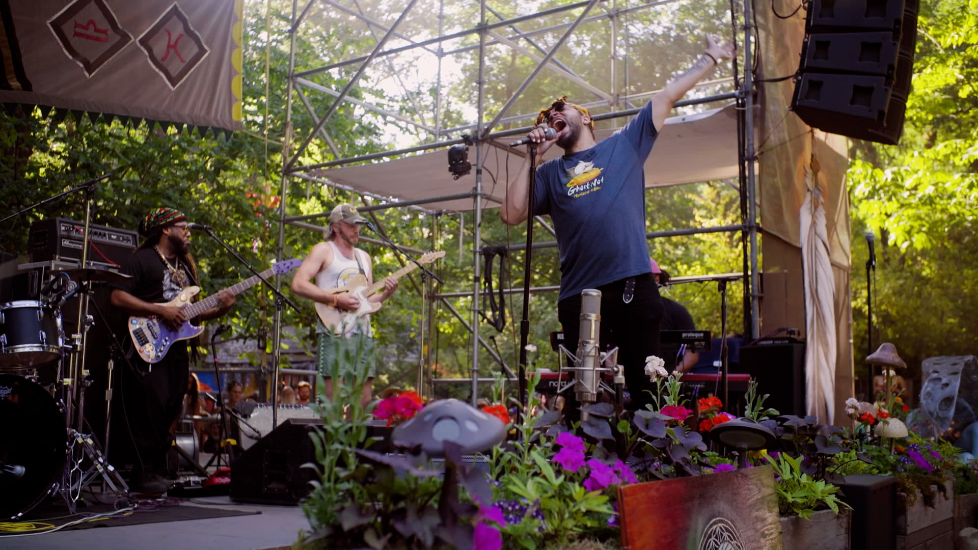 The hip hop/jazz fusion group Ghost-Note, from Dallas, Texas, performs on the Oregon Country Fair main stage on July 13, 2024.