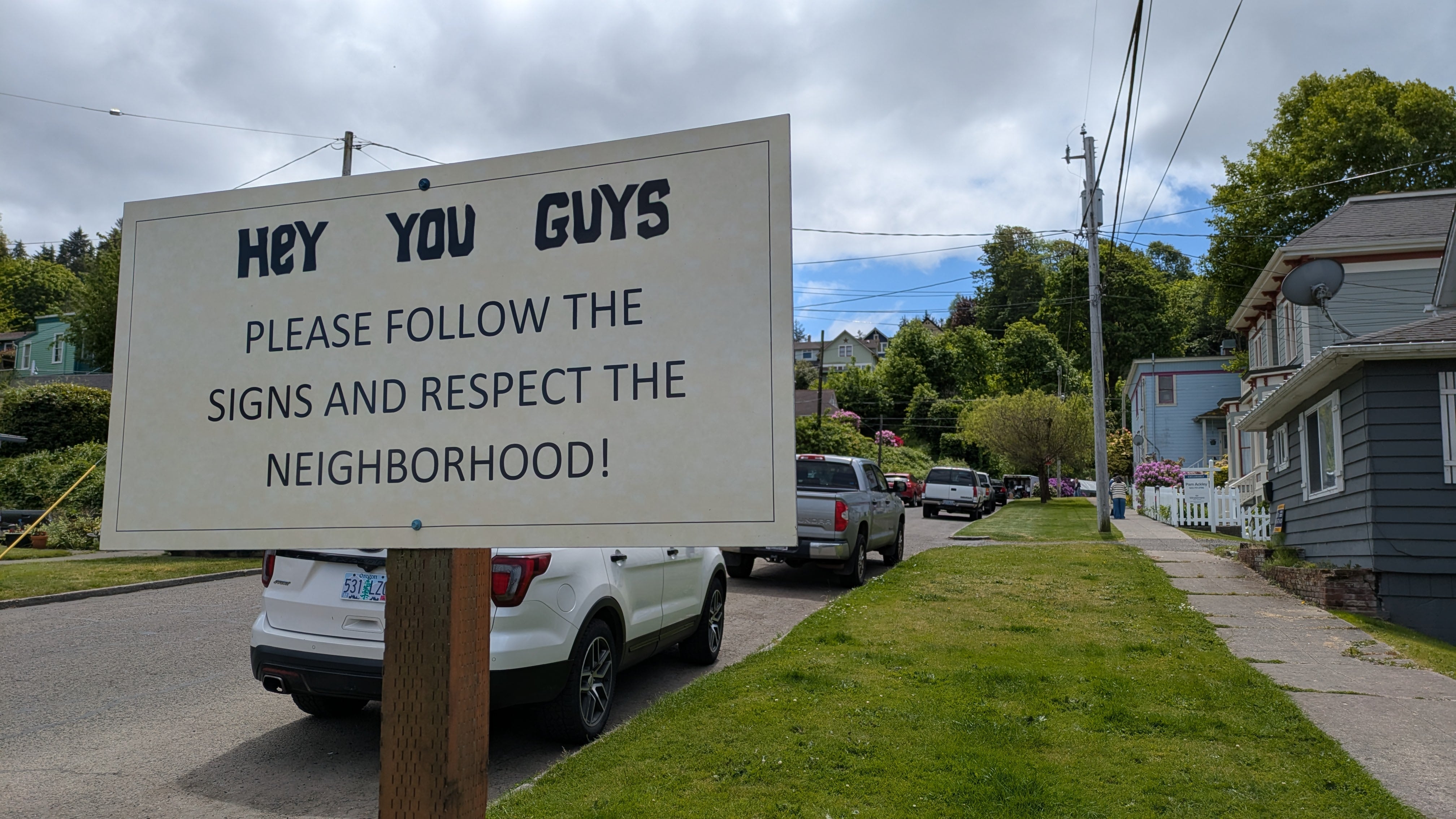 Signs are posted throughout the neighborhood near the Goonies House in Astoria, Ore., to try to mitigate impacts on the people who live there, as seen on Thursday, May 22, 2025.