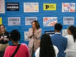 Vice President Harris speaks to student volunteers during a stop at the Community College of Philadelphia during a voter registration training session, in Philadelphia.