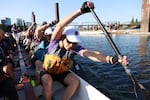 Renee Henry, of Portland, paddles during a Rose City Rockets practice on the Willamette River on Thursday, August 20, 2026, in Portland, Ore.