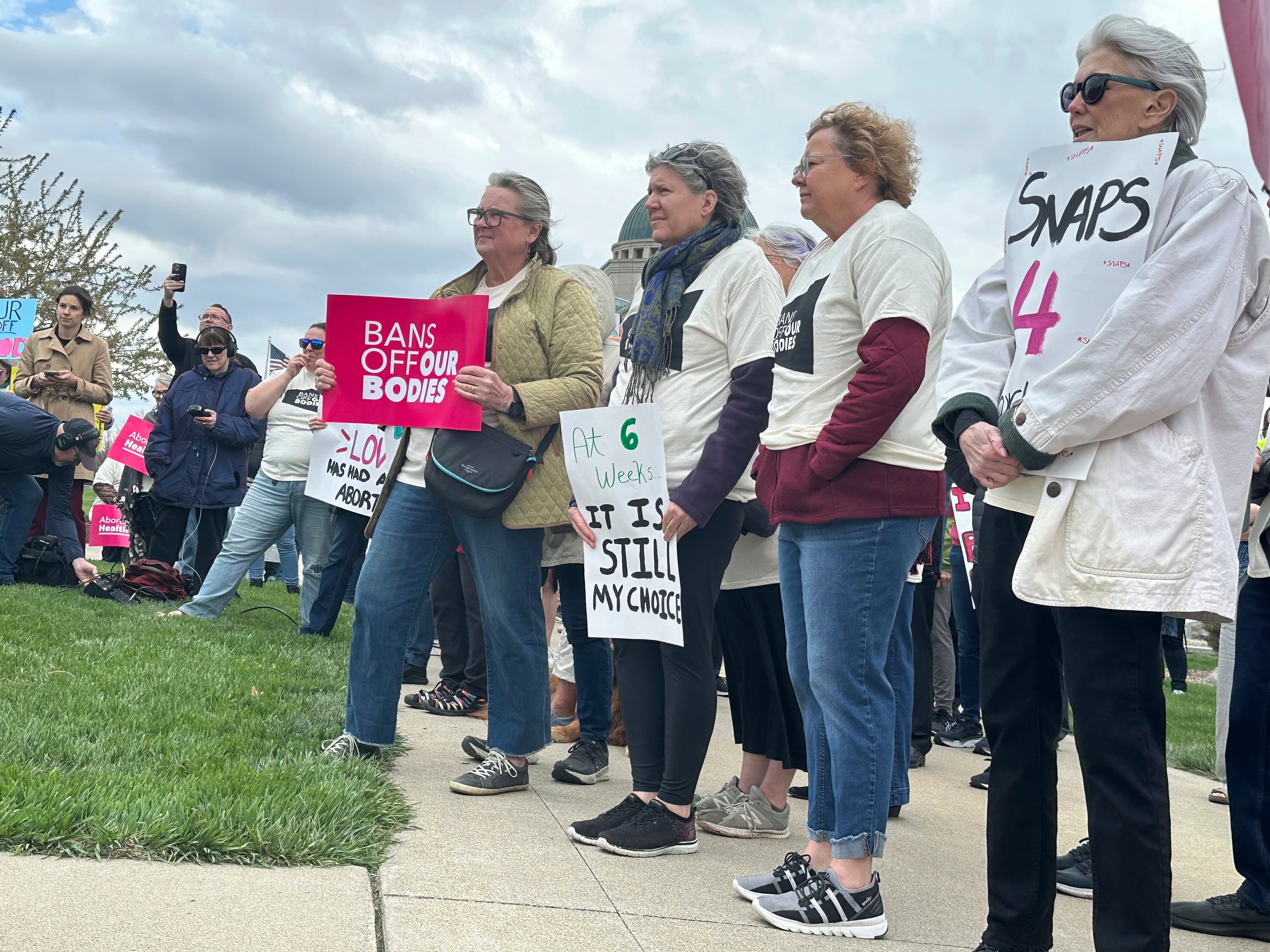Iowans supporting access to abortion rally on Thursday, April 11, 2024, outside the courthouse in Des Moines, Iowa, where the Iowa Supreme Court heard arguments on the state's restrictive abortion law. The law that bans most abortions after about six weeks of pregnancy. 