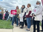 Iowans supporting access to abortion rally on Thursday, April 11, 2024, outside the courthouse in Des Moines, Iowa, where the Iowa Supreme Court heard arguments on the state's restrictive abortion law. The law that bans most abortions after about six weeks of pregnancy. 