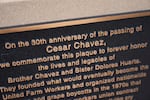 A plaque dedicated to the 30th anniversary of the passing of Cesar Chavez, honoring Chavez and Sister Dolores Huerta, is part of the Haymarket Memorial, seen Wednesday, March 18, 2026, in Chicago.