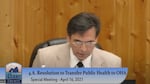 Curry County Commissioner Court Boice discusses transferring public heath services to the state during the board's April 16 meeting.