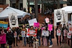 Counterprotesters gather at an Oregon Right to Life rally at Pioneer Courthouse Square in Portland, Ore., to speak out for women's rights, Saturday, Jan. 19, 2019.