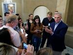 Speaker of the House Kevin McCarthy, R-Calif., speaks with members of the press from Capitol Hill on Sunday after participating in a phone call on the debt ceiling with President Joe Biden.