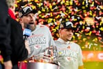 Travis Kelce and Patrick Mahomes of the Kansas City Chiefs celebrate after winning the AFC Championship game.