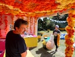 Raleigh artist Peter Marín stands by Día de Oakwood organizer Angela Salamanca under rows of handmade paper flowers as the central public ofrenda is in progress at the Historic Oakwood Cemetery.