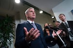 Kevin McCarthy, R-Calif., talks to reporters in a Sept. 30 file photo. In a vote on Tuesday, McCarthy was removed from his role as speaker of the House 