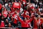 San Francisco 49ers fans cheer during Super Bowl LVIII Opening Night at Allegiant Stadium in Las Vegas, Nevada on February 5, 2024.