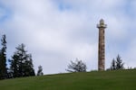 The Astoria Column stands 125 feet above the ground on a hilltop in Astoria, Ore., on Feb. 12, 2026.
