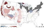 This map illustrates changes in the maximum daily fire growth rate between 2001 and 2020 in hectares per day. Some of the fastest growth is seen in the Snake River Plain.