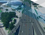 The Rose Quarter project overview shows an ODOT rendering of what its freeway widening project would look like near the Moda Center and the Oregon Convention Center.